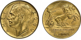 Albania Amet Zogu I 1928-1939
100 Franga, 1927 R, deux étoiles sous le buste, AU 32.25 g. Ref : Fr. 1, KM#11a.1
Conservation : NGC MS 63. Two stars. F...