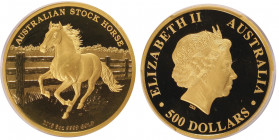 Elizabeth II 1952-
500 Dollars, 2015 P, "The Australian Stockhorse", 5 oz Gold, AU 155.533 g. 999‰
Conservation : PCGS PROOF 69 DEEP CAMEO
Quantité : ...