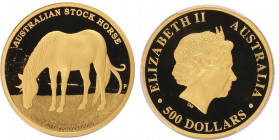 Elizabeth II 1952-
500 Dollars, 2017 P, "The Australian Stockhorse", 5 oz Gold, AU 155.533 g. 999‰
Conservation : PCGS PROOF 69 DEEP CAMEO
Quantité : ...