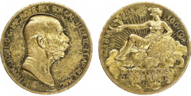 Franz Joseph I 1848-1916 
100 Kronen, Vienne, 1908, AU 33,9 g. Ref : Fr. 514, KM#2812
Conservation : NGC PROOF 60