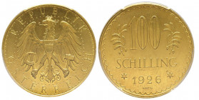 République 1918-
100 Schilling, 1926, AU 23.52 g. Ref : Fr. 520, KM#2842
Conservation : PCGS PROOF LIKE 62