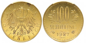 République 1918-
100 Schilling, 1927, AU 23.52 g. Ref : Fr. 520, KM#2842
Conservation : PCGS PROOF LIKE 63