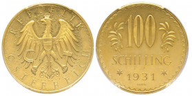 République 1918-
100 Schilling, 1931, AU 23.52 g.
Ref : Fr. 520, KM#2842
Conservation : PCGS PROOF LIKE 64