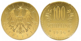République 1918-
100 Schilling, 1934, AU 23.52 g.
Ref : Fr. 520, KM#2842
Conservation : PCGS PROOF LIKE 62