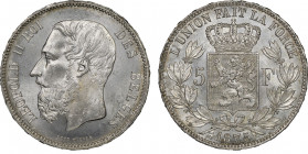 Léopold II 1865-1909
5 francs Bruxelles, 1875, AG 25 g. Ref : KM#24
Conservation : NGC MS 63+