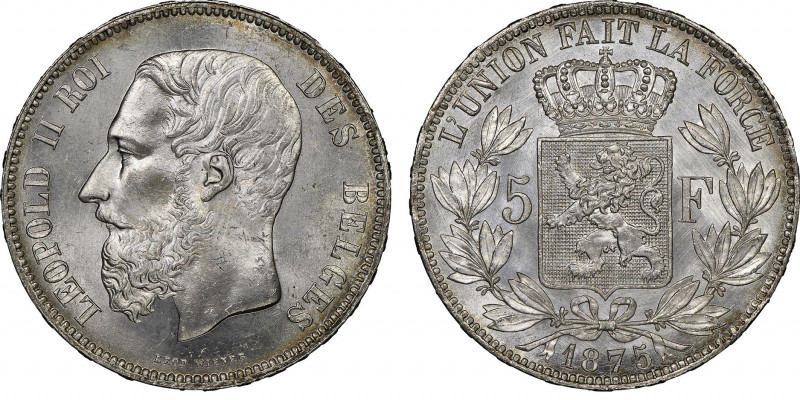 Léopold II 1865-1909
5 francs Bruxelles, 1875, AG 25 g. Ref : KM#24
Conservation...