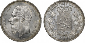 Léopold II 1865-1909
5 francs Bruxelles, 1875, AG 25 g. Ref : KM#24
Conservation : NGC MS 64+