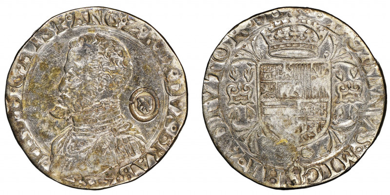 Brabant 
Philippe II 1555-1598 
Écu, Brabant, 1557, contremarqué avec Lion d’Hol...