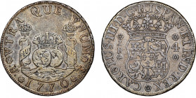 BOLIVIA
Carlo III 1759-1788
4 reales, Potosi, 1770 JR (small «JR»), AG 13,5 g. Ref : Calicó 1062, Cayon 11739
Conservation : NGC XF details, chopmarke...