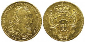 Brazil
Maria I et Pedro III 1777-1786
6400 Reis, Rio, 1785, AU 14.32 g. Ref : Fr. 76.
Conservation : SUP/FDC. Rare