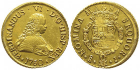 Chile
Fernando VI 1746-1760
8 escudos, Santiago, 1750 J, AU 27 g.
Ref : Fr. 5, KM#3
Conservation : Superbe