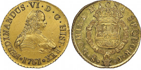 Chile
Fernando VI 1746-1760
8 escudos, Santiago, 1751 J, AU 27 g.
Ref : Fr. 5, KM#3
Conservation : presque FDC