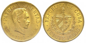 Cuba
Première République 1902-1962
20 Pesos, 1915, AU 33.43 g. 900‰
Ref : KM#21 Fr.1
Conservation : PCGS MS62+