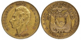 Ecuador
République
10 Sucres, Birmingham, 1899, AU 8.12 g. Ref : Fr. 10, KM#56
Conservation : NGC AU 58. Superbe