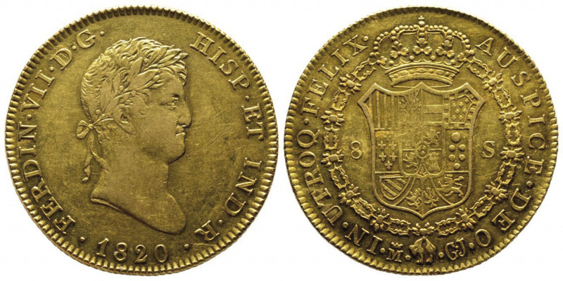 Ferdinand VII 1808-1833 
8 Escudos, Madrid, 1820 M GJ, AU 27 g. Ref : Fr. 311, K...