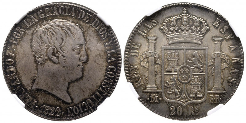 Fernando VII 1808-1833
20 Reales, Madrid, 1822 M-SR, AG 27 g. Ref : KM#561, Dave...