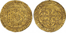 Philippe VI 1328-1350
Pavillon d'or, émission du 8 juin 1339, AU 5.01 g.
Avers : Le roi assis de face sur une chaise curule tenant un sceptre fleurdel...