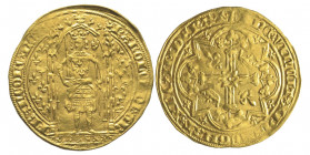Jean II le Bon 1350-1364 (Charles V)
Franc à pied en or, 20 avril 1365, AU 3.79 g. Ref : Dup. 360, Fr. 284
Conservation : presque Superbe