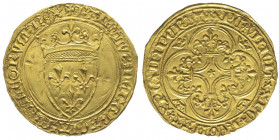 Charles VI 1380-1422
Écu d'or à la couronne, St. André de Villeneuve-lès-Avignon, AU 3.95 g.
Ref : Dup. 369c, Fr. 291
Conservation : Superbe