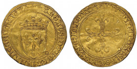 Charles VIII 1483-1498
Écu d'or, Saint-Pourcain, AU 3.41 g.
Ref : Dup. 575, Fr. 318
Conservation : rayures au revers sinon Superbe. Rare