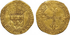 Charles VIII 1483-1498
Écu d'or, Saint-Pourçain, AU 3.4 g.
Ref : Dup. 575, Fr. 318
Conservation : signes sur la tranche sinon Superbe. Rare