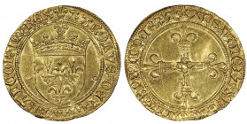Charles VIII 1483-1498
Écu d'or, Poitiers, AU 3.47 g.
Ref : Dup. 575 A, Fr. 318, Marcheville 1914 Conservation : NGC MS 61