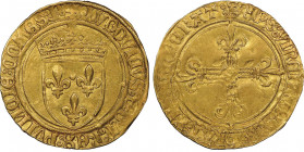 Louis XII 1498-1515
Écu d'or de Provence 3ème type, Aix, AU 3.37 g. Avers : ...PUINCIE : COMES : P
Ref : Dup. 643, Fr. 332b.
Conservation : presque Su...