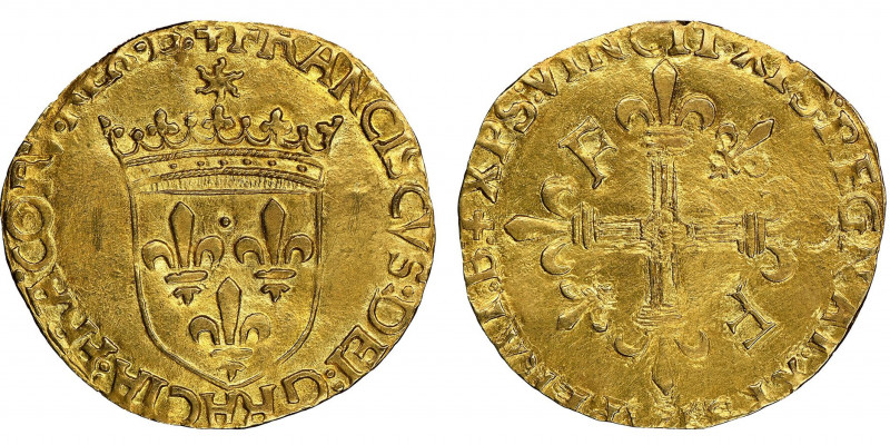 François Ier 1515-1547
Écu d’or au soleil, 5ème type, 3ème émission, Bourges, 15...