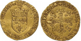 François Ier 1515-1547
Écu d'or au Soleil, trèfle, Toulouse, AU 3,37 g. Avers : .. FRANCORUM: REX
Ref : Dup. 775, Fr. 345
Conservation : NGC MS 61