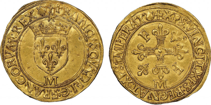 François Ier 1515-1547
Écu d'or au soleil, point 5ème M et coquille (Jacques Cha...