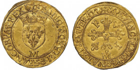 François Ier 1515-1547
Écu d'or au soleil, point 5ème M et coquille (Jacques Chambon) = Toulouse, 1540, AU 3.38 g.
Ref : Dupl. 882, Fr. 338
Conservati...