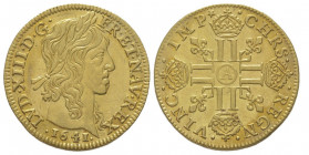Louis XIII 1610-1643
Louis d'or, frappe médaille, Paris, 1640 A, AU 6,7 g. Ref : G. 58, Fr. 410
Conservation : Superbe. Rarissime