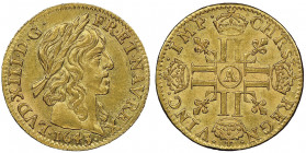 Louis XIII 1610-1643
1/2 Louis d'or, Paris, 1643 A, CHRS +, AU 3.38 g.
Ref : G. 57 (R3), Fr. 411
Conservation : Superbe. Rare