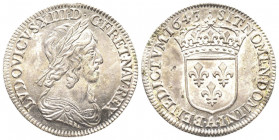 Louis XIII 1610-1643
1/4 Écu, 1er poinçon de Warin, buste drapé, Paris, 1643 A, point, AG 6.91 g.
Ref : G. 48
Conservation : Superbe.