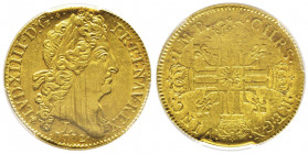 Louis XIV 1643-1715
Double Louis d'or au soleil, Bayonne, 1712 L, AU 13.5 g.
Ref : G.264 (R2), Fr. 443
Conservation : NGC AU 58. Magnifique exemplaire...
