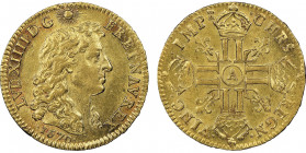 Louis XIV 1643-1715
Louis d'or à la tête nue, Paris, 1670 A, AU 6.75 g.
Ref : G.247, Fr. 423
Conservation : NGC AU 58. Superbe exemplaire