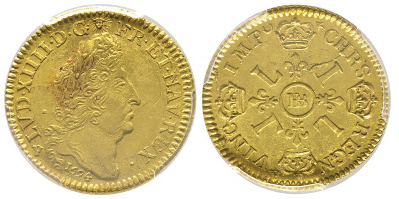 Louis XIV 1643-1715
Louis d'or au 4 L, reformation, Strasbourg, 1694 BB, AU 6.75...