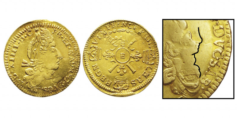 Louis XIV 1643-1715
Louis d'or aux 4 L, Tours, fausse réformation frappée sur u...