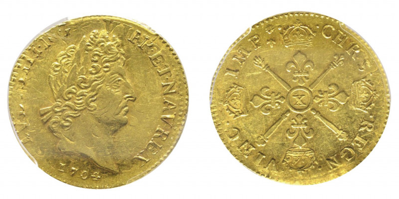 Louis XIV 1643-1715
Louis d'or aux insignes, reformation, Amiens, 1704 X, AU 6.7...