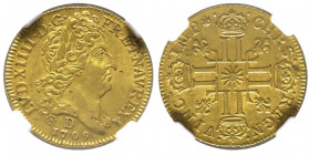 Louis XIV 1643-1715
Louis d'or au soleil, Lyon, 1709 D, AU 
Ref : G. 256 (R) , Fr. 444
Conservation : NGC AU58. Deuxième plus haut grade.