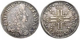 Louis XIV 1643-1715
Écu aux 8 L, réformation, Montpellier, 1690 N, rare variété avec L D, AG 27.13 g.
Ref : G. 216 (R3)
Conservation : Superbe. Très R...
