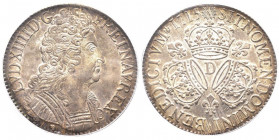 Louis XIV 1643-1715
Écu aux trois couronnes, uniquement flan neuf, Lyon, 1715 D, AG 30.59 g.
Ref : G. 229 (R)
Conservation : PCGS AU 58. Top Pop: Le p...