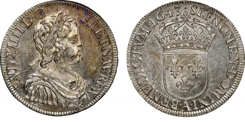 Louis XIV 1643-1715
1/2 Écu à la mèche courte, point, Paris, 1643 A, AG 13.67 g....