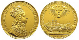 Louis XIV 1643-1715
Refrappe de la médaille en or du Couronnement de Louis XIV à Reims, de Roettier et Molart, AU 12.81 g.
Avers : LUD XIIII D G FR ET...
