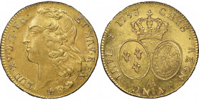 Louis XV 1715-1774
Double Louis d'or au bandeau, Metz, 1753 AA, AU 16.31 g.
Ref : G. 346 (R), Fr. 463
Conservation : NGC AU 58. Top Pop: Le plus beau ...