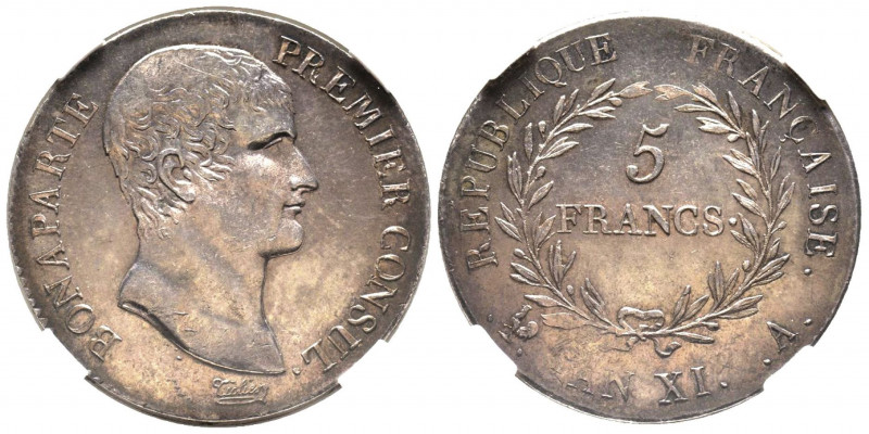 Consulat 1799-1804 
5 Francs, Paris, AN XI A, AG 25.16 g.
Ref : G. 577
Conservat...