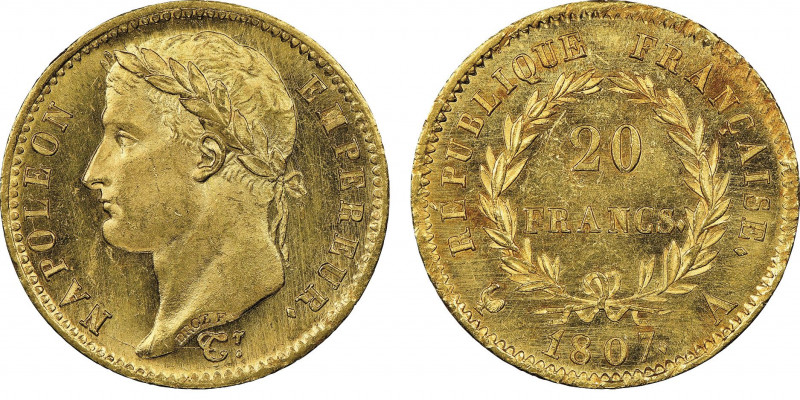 Premier Empire 1804-1814
20 Francs, Paris, 1807 A , AU 6.45 g.
Ref : G.1024
Cons...