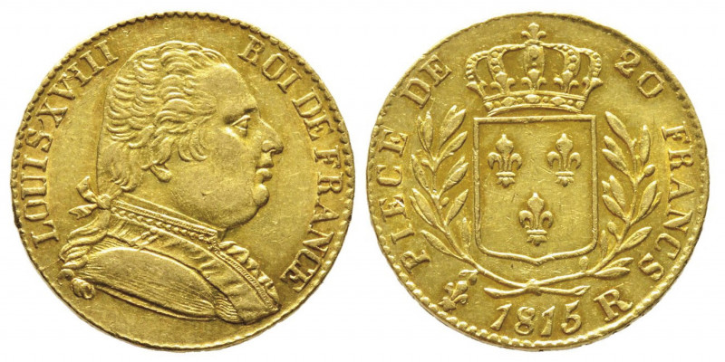 Louis XVIII 1814-1815 
20 francs, Londres, 1815 R, AU 6.41 g. Ref : Gad. 1026, F...