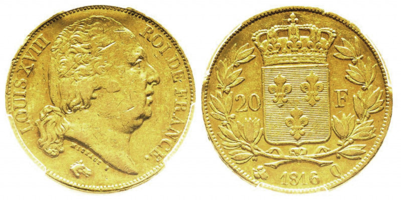 Louis XVIII 1814-1815 
20 francs, Perpignan, 1816 Q, AU 6.45 g.
Ref : Gad. 1028,...