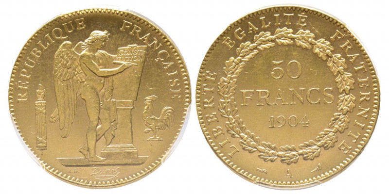 Troisième République 1870-1940
50 Francs, Paris, 1904 A, AU 16.12 g.
Ref : G. 11...